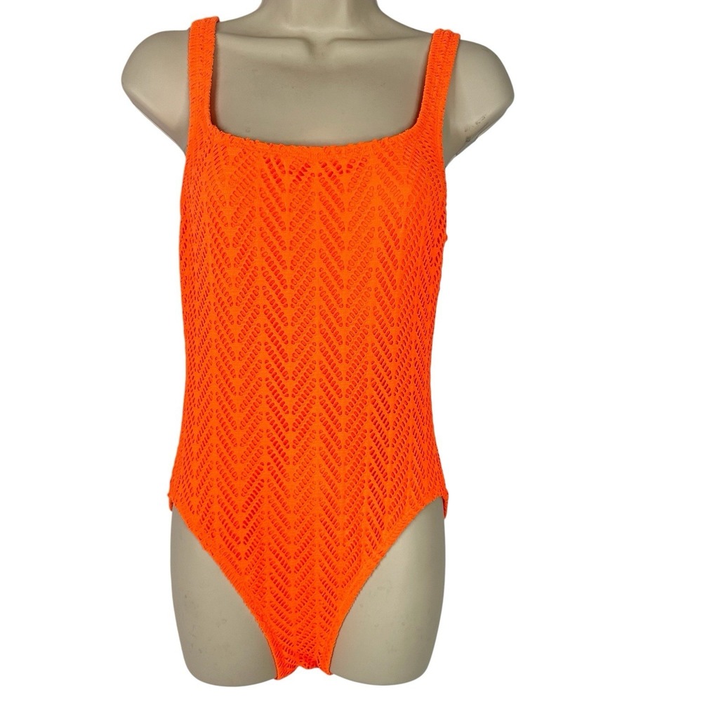 Vintage Catalina One Piece Swimsuit Womens 12 Neon Orange Crochet Textured High